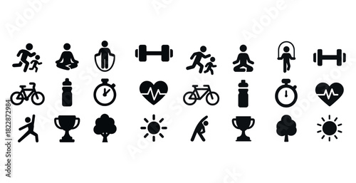 Fitness and health icon set including running and yoga symbols