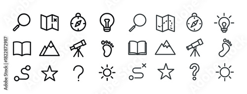 Set of geometric line icons: maps, compass, lightbulb, telescope, mountains, footprints, stars