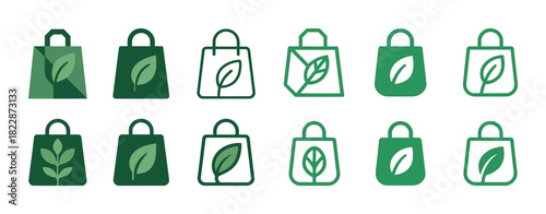 Green eco-friendly shopping bag icons with leaf design