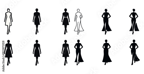Silhouette fashion models: diverse dresses and elegant poses