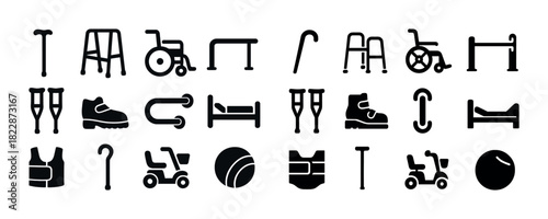 Set of mobility icons including wheelchair, walker, cane, and crutches