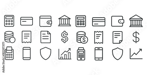 Minimal financial icons: calculator, card, bank, wallet, receipt, currency, shield, chart, phone