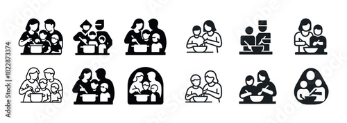 Icons of diverse families cooking together in kitchen settings