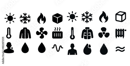 Weather and climate icons set: sun, snowflake, fire, ice, temperature, jacket, fan, heat