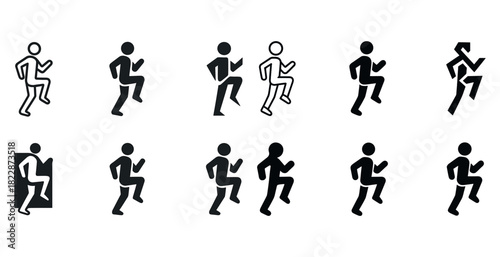 Various stick figure running pose icons for motion and movement illustration