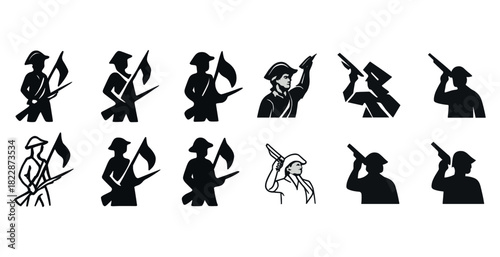 Silhouette illustrations of revolutionary soldiers with flags and rifles