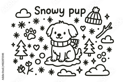 Snowy Pup Doodle. Snowy pup. Hand-drawn doodle illustration of snowy pup. Puppy with scarf, snowflakes, paw