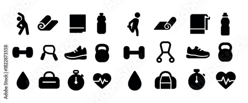 Fitness and exercise icon set: workout, yoga, hydration, and accessories
