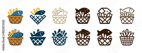 Colorful fish and chips icons in geometric basket designs