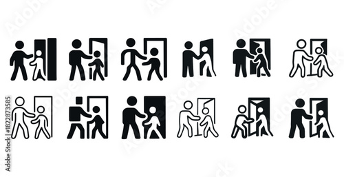 Simple stick figure icons of people opening doors in various gestures