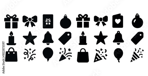 Black and white holiday icon set: gifts, bows, and decorations