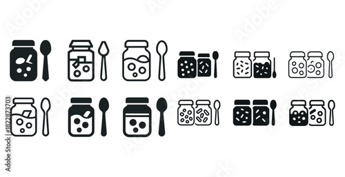Black and white jam jar and spoon icon set variety on white background