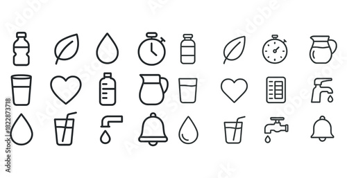Minimalist line icons of water, timing, and hydration essentials