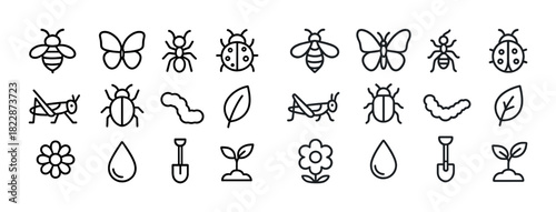 Collection of insect and nature icons featuring bugs, leaves, flowers, and tools