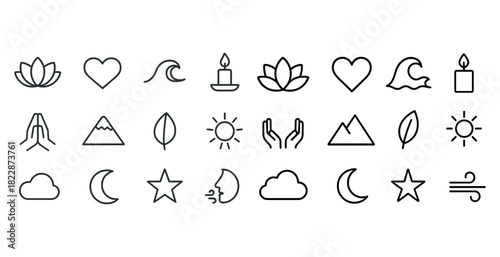 Minimalistic nature and wellness icons set featuring lotus, heart, sun, moon, and elements