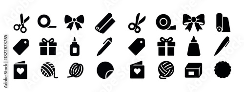 Crafting icons set: scissors, tape, bow, gift, glue, pen, tag, yarn