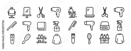 Barber shop tools line art set: scissors, comb, hairdryer, mirror, spray bottle
