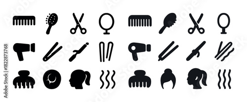 Hair styling icons: combs, scissors, mirrors, hairdryers, brushes in black silhouettes