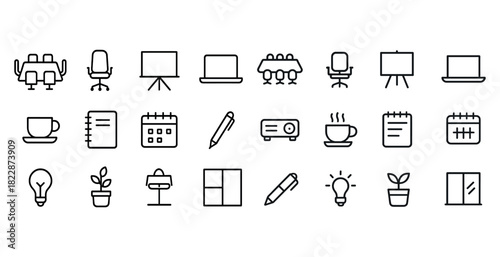 Office and workspace icon set including furniture and stationery elements