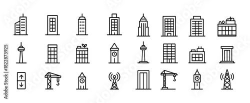 Collection of minimalist building and structure icons