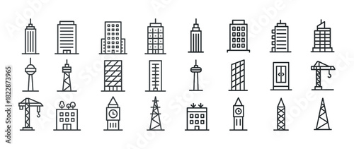 Outline icons of buildings and structures including skyscrapers, towers, and cranes