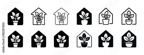 Minimalist plant icons in black and white home silhouette design