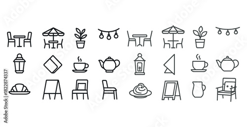 Outdoor café icons set: tables, chairs, tea, coffee, and décor elements