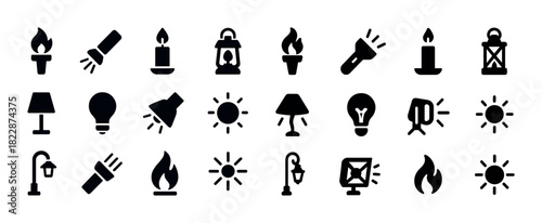 Collection of black silhouette light icons including lamps, candles, and lanterns