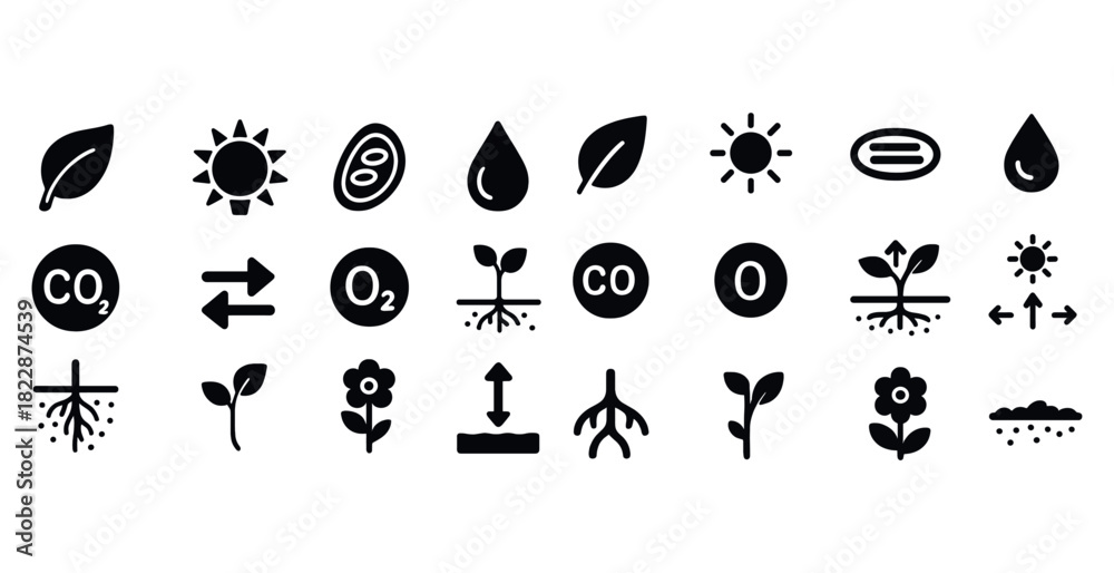 Fototapeta premium Collection of environmental and botanical icons representing natural elements and processes