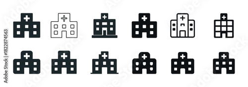 Collection of black and white hospital icons with cross variations