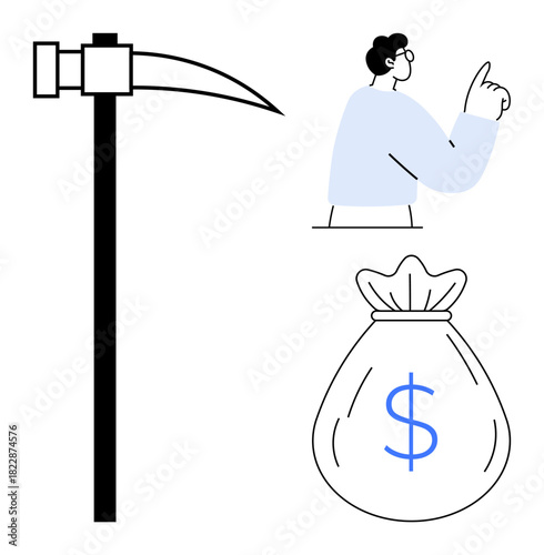 Pickaxe for mining, person gesturing an idea, and bag with dollar sign representing financial gain. Ideal for finance, cryptocurrency, wealth creation, innovation, hard work, success simple flat