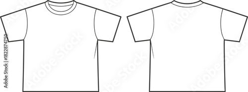 Blank T-shirt technical sketch, front and back view, round neckline, short sleeves, fashion vector template, cad drawing flat vector illustration