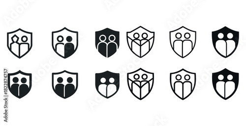 Set of family and group icons: minimalist shield designs in black and white