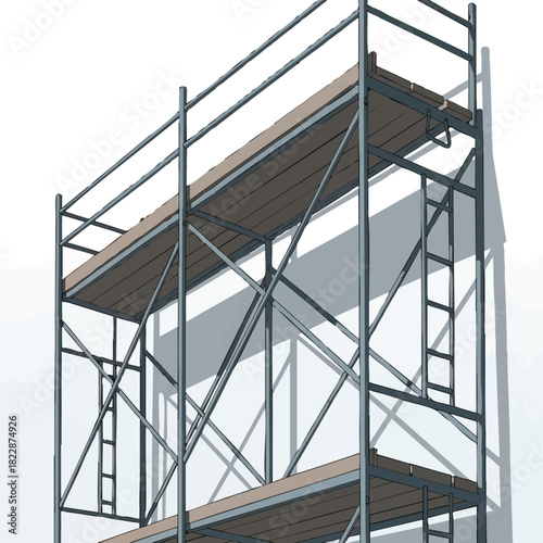 A detailed illustration of a scaffolding structure, designed for construction work, providing safe elevated platforms for workers to perform tasks.