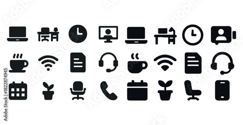 Office technology icons: computer, chair, clock, coffee, wifi, headset, calendar, phone, plant