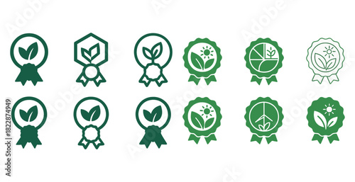 Green eco-friendly award icons - sustainable badges with nature elements