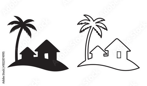 Tropical Island Getaway with Palm Trees and Houses Black and White Illustration