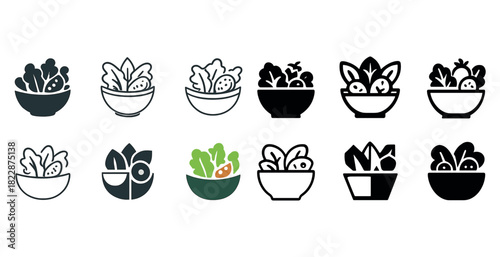 Variety of salad bowl icons: fresh vegetables in minimalistic design