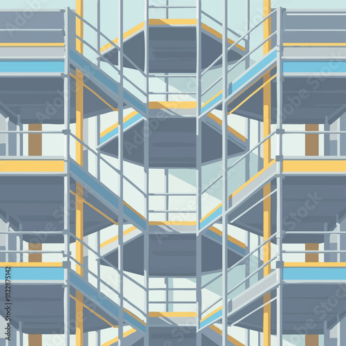 A modern architectural illustration displays a building's construction with a repetitive pattern of scaffolding, creating a visually engaging composition.