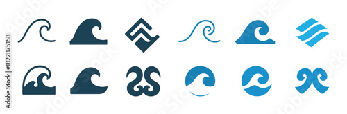 Collection of blue and dark wave icons in various shapes and styles