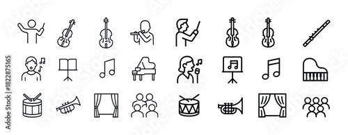 Music icon set: instruments and performers in black and white line art
