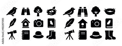 Birdwatching icons collection: silhouettes of equipment and birds