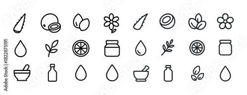 Minimalist skincare icons collection: aloe, coconut, flower, oils, citrus, jar, herbs