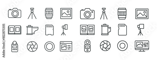 Photography equipment icons: camera, tripod, lens, light, frame, shutter, memory