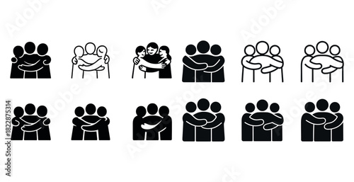 Unity icons: diverse figures embracing in black and white design