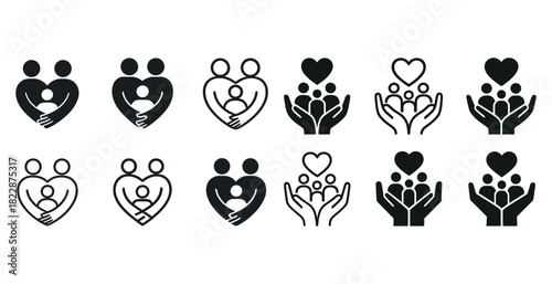 Family icon set: heart, hands, love symbols in black and white