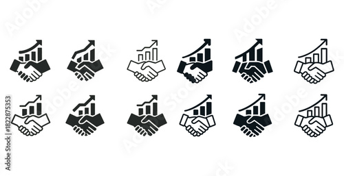 Business growth handshake icons set with graph arrows