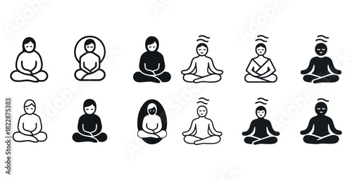 Meditation icon set: diverse outlines of meditating figures in various styles