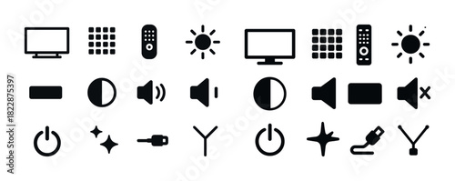 Set of electronic device icons: tv, remote, volume, power, usb