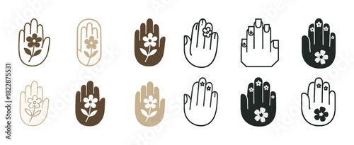 Artistic hand icons featuring diverse floral designs in various styles and colors